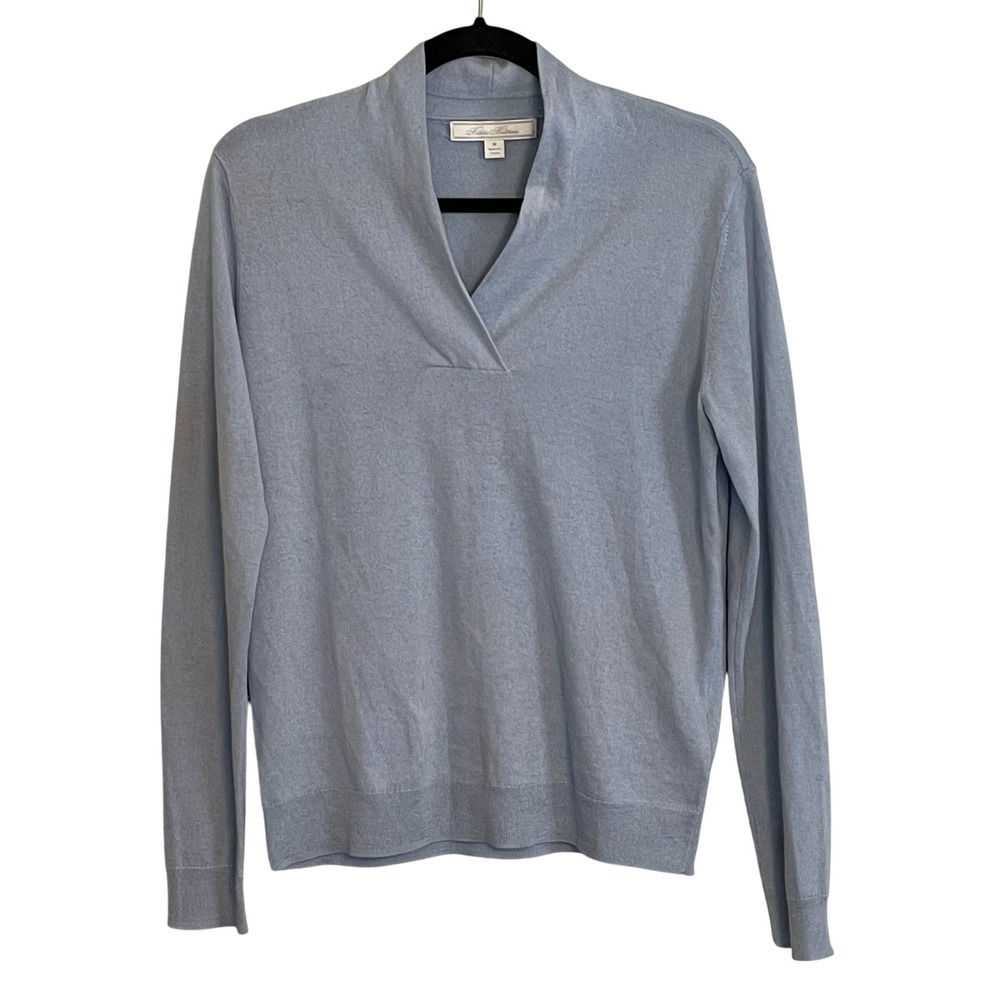 Brooks Brothers Silk Cashmere V-Neck Sweater Light Blue Shawl Collar Womens M